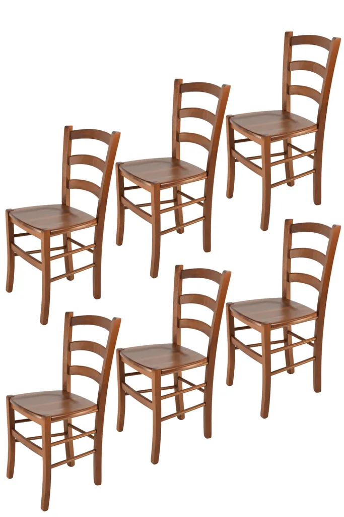 t m c s Tommychairs - 6er Set Stühle VENICE für Küche und Esszimmer, robuste Struktur aus lackiertem Buchenholz im Farbton helles Nussbraun und Sitzfläche aus Holz